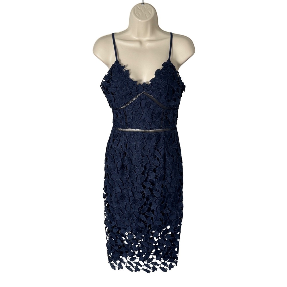 Design Lab Lord & Taylor Navy Blue Floral Lace Midi Dress Medium Cocktail